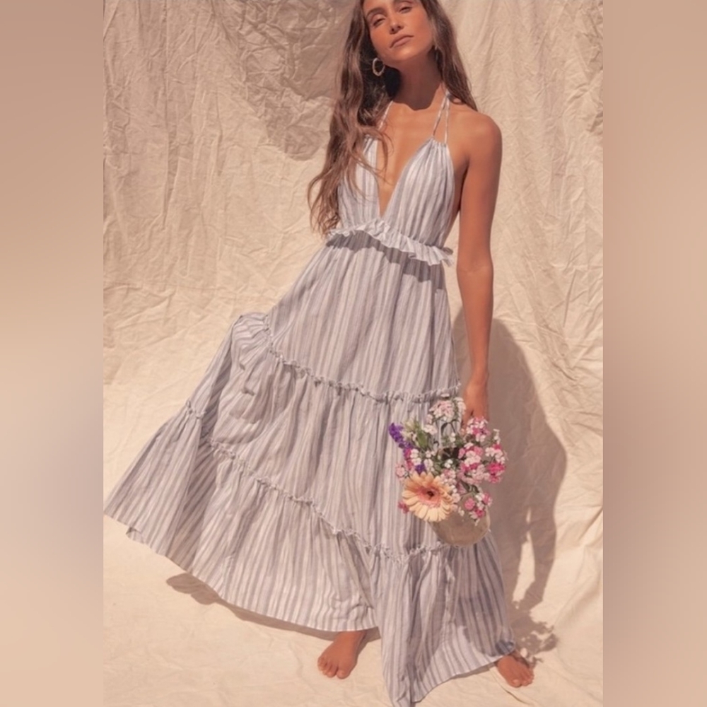 Lulu’s Vacay Babe Striped Tier Ruffle Halter Neck Maxi Boho Dress Size XS